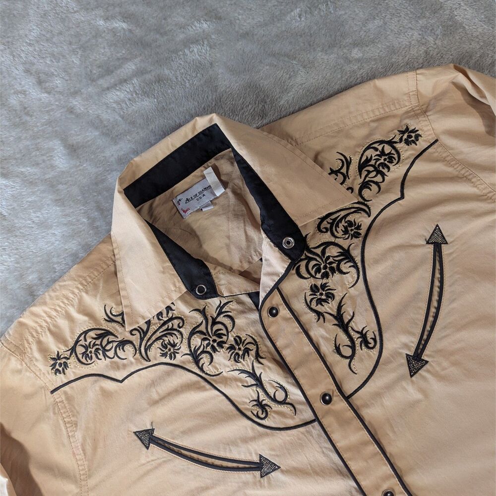 Ace Of Diamond Western Snap Shirt Mens Large Tan Embroidered Pearl Snap Cowboy